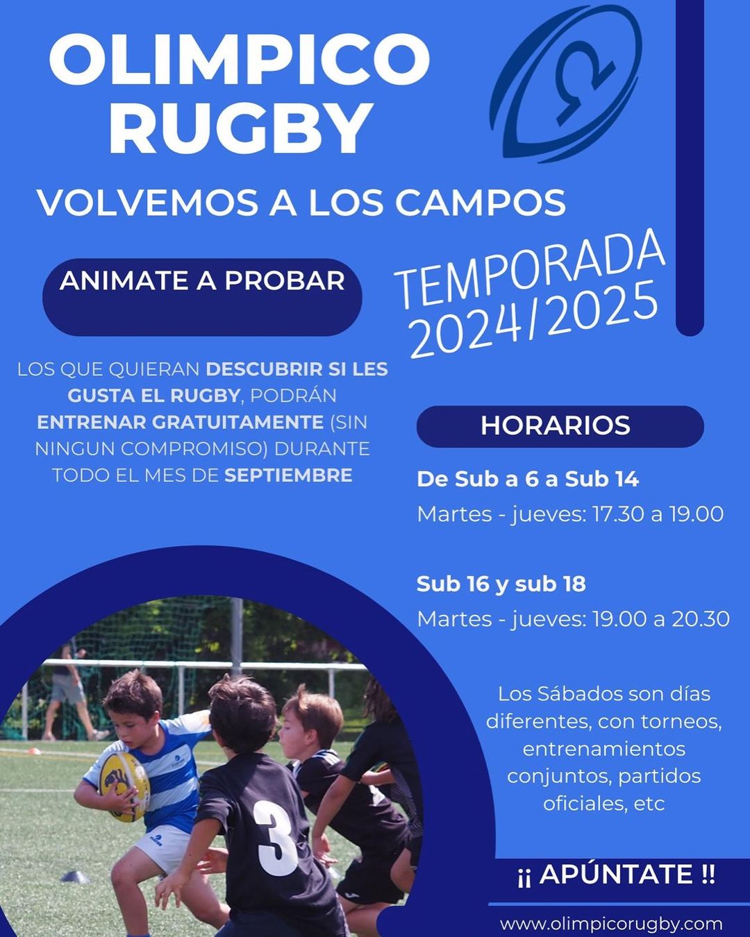 Photo by Olímpico de Pozuelo Rugby on September 11, 2024. May be an image of 4 people, sports equipment and text.
