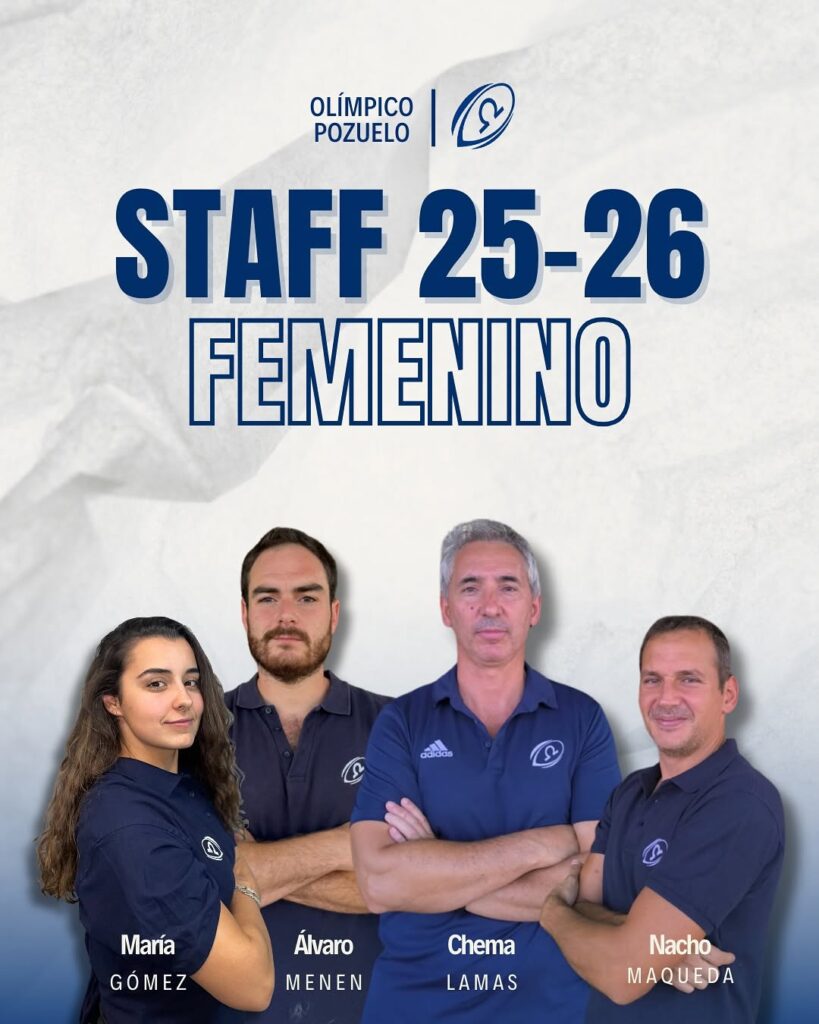 Photo by Olímpico de Pozuelo Rugby on September 22, 2025. May be an image of ‎4 people, people playing voleyball, sports equipment, poster and ‎text that says '‎OLÍMPICO POZUELO STAFF 25-26 FEMENINO adidas ى María GÓMEZ Álvaro MENEN Chema LAMAS Nacho MAQUEDA‎'‎‎.